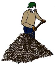 Drawing of a man turning a compost pile with a garden fork.