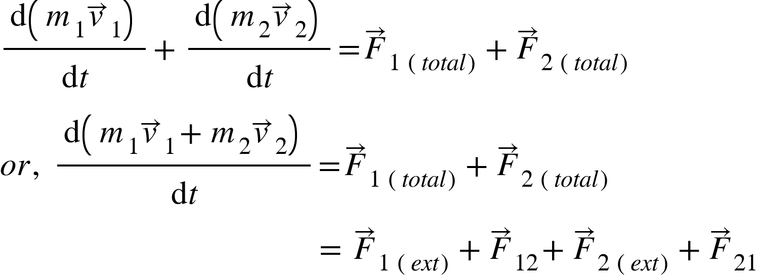 <math xmlns="http://www.w3.org/1998/Math/MathML"><mfrac><mrow><mo>d</mo><mfenced><mrow><msub><mi>m</mi><mn>1</mn></msub><msub><mover><mi>v</mi><mo>&#x2192;</mo></mover><mn>1</mn></msub></mrow></mfenced></mrow><mrow><mo>d</mo><mi>t</mi></mrow></mfrac><mo>+</mo><mfrac><mrow><mo>d</mo><mfenced><mrow><msub><mi>m</mi><mn>2</mn></msub><msub><mover><mi>v</mi><mo>&#x2192;</mo></mover><mn>2</mn></msub></mrow></mfenced></mrow><mrow><mo>d</mo><mi>t</mi></mrow></mfrac><mo>=</mo><msub><mover><mi>F</mi><mo>&#x2192;</mo></mover><mrow><mn>1</mn><mo>&#xA0;</mo><mfenced><mrow><mi>t</mi><mi>o</mi><mi>t</mi><mi>a</mi><mi>l</mi></mrow></mfenced></mrow></msub><mo>+</mo><msub><mover><mi>F</mi><mo>&#x2192;</mo></mover><mrow><mn>2</mn><mo>&#xA0;</mo><mfenced><mrow><mi>t</mi><mi>o</mi><mi>t</mi><mi>a</mi><mi>l</mi></mrow></mfenced></mrow></msub><mspace linebreak="newline"/><mi>o</mi><mi>r</mi><mo>,</mo><mo>&#xA0;</mo><mfrac><mrow><mo>d</mo><mfenced><mrow><msub><mi>m</mi><mn>1</mn></msub><msub><mover><mi>v</mi><mo>&#x2192;</mo></mover><mn>1</mn></msub><mo>+</mo><msub><mi>m</mi><mn>2</mn></msub><msub><mover><mi>v</mi><mo>&#x2192;</mo></mover><mn>2</mn></msub></mrow></mfenced></mrow><mrow><mo>d</mo><mi>t</mi></mrow></mfrac><mo>=</mo><msub><mover><mi>F</mi><mo>&#x2192;</mo></mover><mrow><mn>1</mn><mo>&#xA0;</mo><mfenced><mrow><mi>t</mi><mi>o</mi><mi>t</mi><mi>a</mi><mi>l</mi></mrow></mfenced></mrow></msub><mo>+</mo><msub><mover><mi>F</mi><mo>&#x2192;</mo></mover><mrow><mn>2</mn><mo>&#xA0;</mo><mfenced><mrow><mi>t</mi><mi>o</mi><mi>t</mi><mi>a</mi><mi>l</mi></mrow></mfenced></mrow></msub><mspace linebreak="newline"/><mo>&#xA0;</mo><mo>&#xA0;</mo><mo>&#xA0;</mo><mo>&#xA0;</mo><mo>&#xA0;</mo><mo>&#xA0;</mo><mo>&#xA0;</mo><mo>&#xA0;</mo><mo>&#xA0;</mo><mo>&#xA0;</mo><mo>&#xA0;</mo><mo>&#xA0;</mo><mo>&#xA0;</mo><mo>&#xA0;</mo><mo>&#xA0;</mo><mo>&#xA0;</mo><mo>&#xA0;</mo><mo>&#xA0;</mo><mo>&#xA0;</mo><mo>&#xA0;</mo><mo>&#xA0;</mo><mo>&#xA0;</mo><mo>&#xA0;</mo><mo>&#xA0;</mo><mo>&#xA0;</mo><mo>&#xA0;</mo><mo>&#xA0;</mo><mo>&#xA0;</mo><mo>&#xA0;</mo><mo>&#xA0;</mo><mo>&#xA0;</mo><mo>&#xA0;</mo><mo>&#xA0;</mo><mo>&#xA0;</mo><mo>&#xA0;</mo><mo>&#xA0;</mo><mo>&#xA0;</mo><mo>&#xA0;</mo><mo>&#xA0;</mo><mo>=</mo><mo>&#xA0;</mo><msub><mover><mi>F</mi><mo>&#x2192;</mo></mover><mrow><mn>1</mn><mo>&#xA0;</mo><mfenced><mrow><mi>e</mi><mi>x</mi><mi>t</mi></mrow></mfenced></mrow></msub><mo>+</mo><msub><mover><mi>F</mi><mo>&#x2192;</mo></mover><mn>12</mn></msub><mo>+</mo><msub><mover><mi>F</mi><mo>&#x2192;</mo></mover><mrow><mn>2</mn><mo>&#xA0;</mo><mfenced><mrow><mi>e</mi><mi>x</mi><mi>t</mi></mrow></mfenced></mrow></msub><mo>+</mo><msub><mover><mi>F</mi><mo>&#x2192;</mo></mover><mn>21</mn></msub></math>