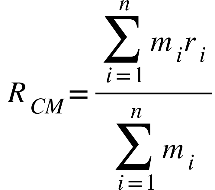 <math xmlns="http://www.w3.org/1998/Math/MathML"><mspace linebreak="newline"/><mo>&#xA0;</mo><msub><mi>R</mi><mrow><mi>C</mi><mi>M</mi></mrow></msub><mo>=</mo><mfrac><mrow><mstyle displaystyle="true"><munderover><mo>&#x2211;</mo><mrow><mi>i</mi><mo>=</mo><mn>1</mn></mrow><mi>n</mi></munderover></mstyle><msub><mi>m</mi><mi>i</mi></msub><msub><mi>r</mi><mi>i</mi></msub></mrow><mrow><mstyle displaystyle="true"><munderover><mo>&#x2211;</mo><mrow><mi>i</mi><mo>=</mo><mn>1</mn></mrow><mi>n</mi></munderover></mstyle><msub><mi>m</mi><mi>i</mi></msub></mrow></mfrac></math>