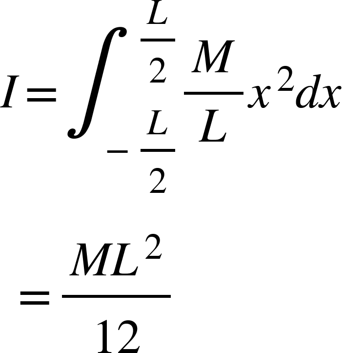 <math xmlns="http://www.w3.org/1998/Math/MathML"><mi>I</mi><mo>=</mo><msubsup><mo>&#x222B;</mo><mrow><mo>-</mo><mfrac><mi>L</mi><mn>2</mn></mfrac></mrow><mfrac><mi>L</mi><mn>2</mn></mfrac></msubsup><mfrac><mi>M</mi><mi>L</mi></mfrac><msup><mi>x</mi><mn>2</mn></msup><mi>d</mi><mi>x</mi><mspace linebreak="newline"/><mo>&#xA0;</mo><mo>=</mo><mfrac><mrow><mi>M</mi><msup><mi>L</mi><mn>2</mn></msup></mrow><mn>12</mn></mfrac></math>