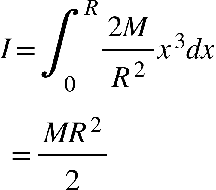 <math xmlns="http://www.w3.org/1998/Math/MathML"><mi>I</mi><mo>=</mo><msubsup><mo>&#x222B;</mo><mn>0</mn><mi>R</mi></msubsup><mfrac><mrow><mn>2</mn><mi>M</mi></mrow><msup><mi>R</mi><mn>2</mn></msup></mfrac><msup><mi>x</mi><mn>3</mn></msup><mi>d</mi><mi>x</mi><mspace linebreak="newline"/><mo>&#xA0;</mo><mo>=</mo><mfrac><mrow><mi>M</mi><msup><mi>R</mi><mn>2</mn></msup></mrow><mn>2</mn></mfrac></math>