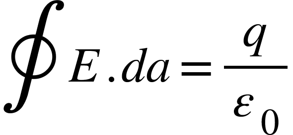 <math xmlns="http://www.w3.org/1998/Math/MathML"><mo>&#x222E;</mo><mi>E</mi><mo>.</mo><mi>d</mi><mi>a</mi><mo>=</mo><mfrac><mi>q</mi><msub><mi>&#x3B5;</mi><mn>0</mn></msub></mfrac></math>