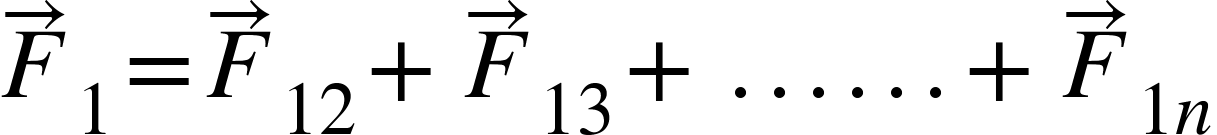 <math xmlns="http://www.w3.org/1998/Math/MathML"><msub><mover><mi>F</mi><mo>&#x2192;</mo></mover><mn>1</mn></msub><mo>=</mo><msub><mover><mi>F</mi><mo>&#x2192;</mo></mover><mn>12</mn></msub><mo>+</mo><msub><mover><mi>F</mi><mo>&#x2192;</mo></mover><mn>13</mn></msub><mo>+</mo><mo>.</mo><mo>.</mo><mo>.</mo><mo>.</mo><mo>.</mo><mo>.</mo><mo>+</mo><msub><mover><mi>F</mi><mo>&#x2192;</mo></mover><mrow><mn>1</mn><mi>n</mi></mrow></msub></math>