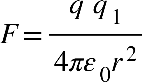 <math xmlns="http://www.w3.org/1998/Math/MathML"><mi>F</mi><mo>=</mo><mfrac><mrow><mi>q</mi><mo>&#xA0;</mo><msub><mi>q</mi><mn>1</mn></msub></mrow><mrow><mn>4</mn><mi>&#x3C0;</mi><msub><mi>&#x3B5;</mi><mn>0</mn></msub><msup><mi>r</mi><mn>2</mn></msup></mrow></mfrac></math>