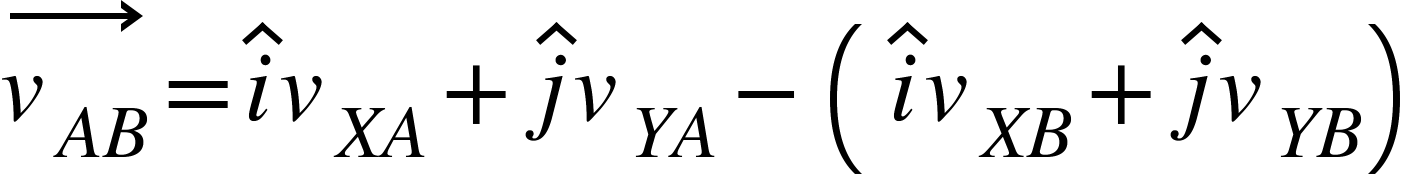 <math xmlns="http://www.w3.org/1998/Math/MathML"><mover><msub><mi>v</mi><mrow><mi>A</mi><mi>B</mi></mrow></msub><mo>&#x2192;</mo></mover><mo>=</mo><mover><mi>i</mi><mo>^</mo></mover><msub><mi>v</mi><mrow><mi>X</mi><mi>A</mi></mrow></msub><mo>+</mo><mover><mi>j</mi><mo>^</mo></mover><msub><mi>v</mi><mrow><mi>Y</mi><mi>A</mi></mrow></msub><mo>-</mo><mfenced><mrow><mover><mi>i</mi><mo>^</mo></mover><msub><mi>v</mi><mrow><mi>X</mi><mi>B</mi></mrow></msub><mo>+</mo><mover><mi>j</mi><mo>^</mo></mover><msub><mi>v</mi><mrow><mi>Y</mi><mi>B</mi></mrow></msub></mrow></mfenced></math>