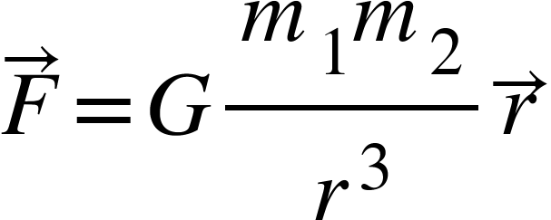 <math xmlns="http://www.w3.org/1998/Math/MathML"><mover><mi>F</mi><mo>&#x2192;</mo></mover><mo>=</mo><mi>G</mi><mfrac><mrow><msub><mi>m</mi><mn>1</mn></msub><msub><mi>m</mi><mn>2</mn></msub></mrow><msup><mi>r</mi><mn>3</mn></msup></mfrac><mover><mi>r</mi><mo>&#x2192;</mo></mover></math>